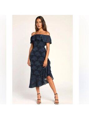Lulus Pretty Perfect Navy Burnout Floral Off-The-Shoulder Midi Dress Size L